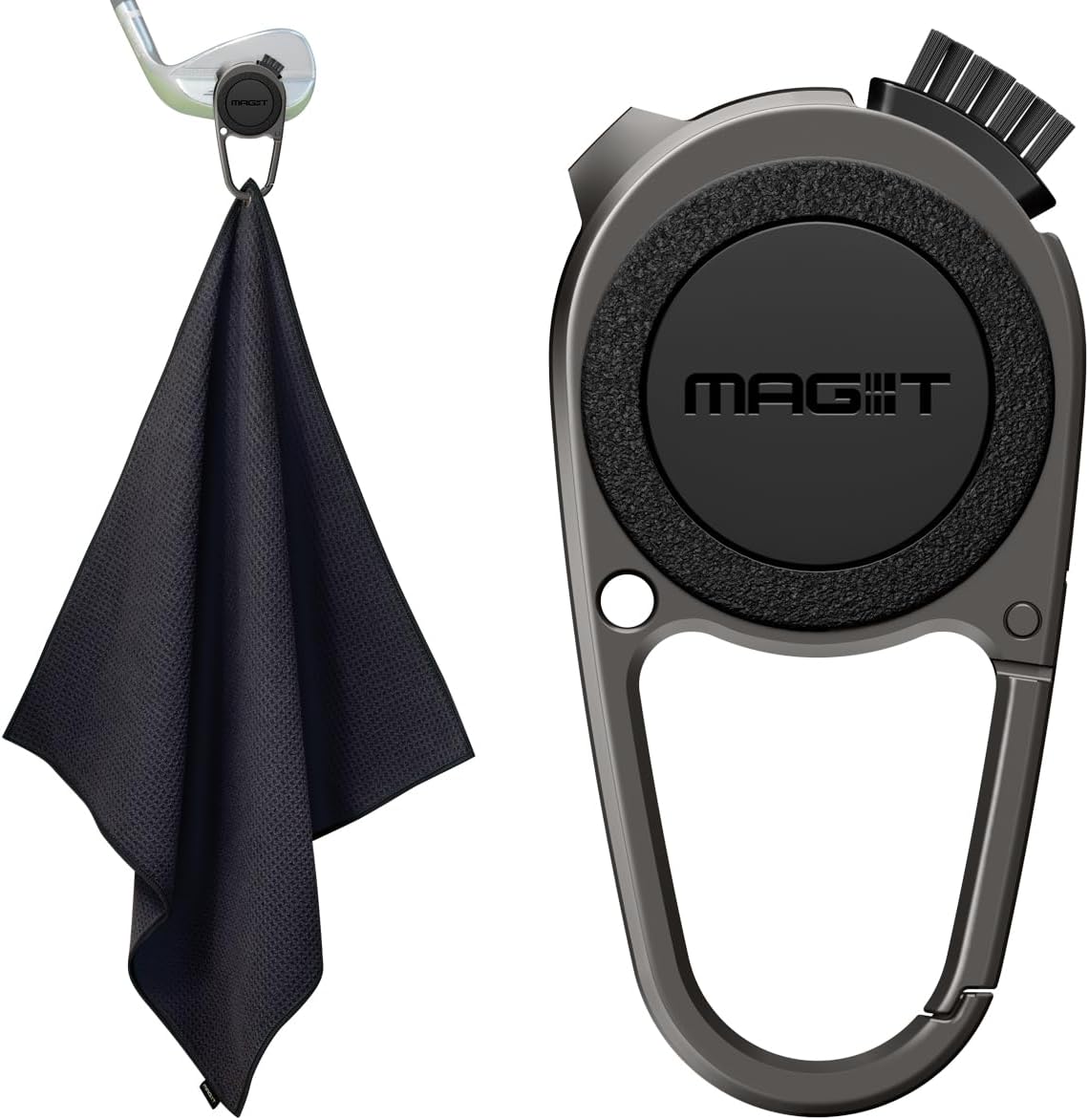 MAG-iT Magnetic Golf Towel with Carabiner | Strong Magnet, Ultra-Absorbent Microfiber, Groove Cleaner for Golf Bags - Black