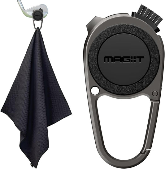 MAG-iT Magnetic Golf Towel with Carabiner | Strong Magnet, Ultra-Absorbent Microfiber, Groove Cleaner for Golf Bags - Black