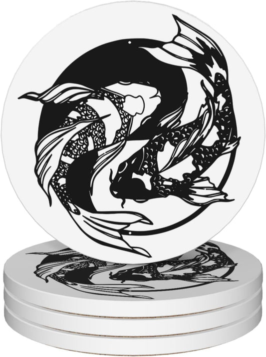 Drinks Coasters Set of 4, Yin Yang Fish Round 4" Cup Coasters, Absorbent Ceramic Stone Coasters with Cork Base, Cute Coasters for Table Home Décor, Ideal Gifts for Women Men
