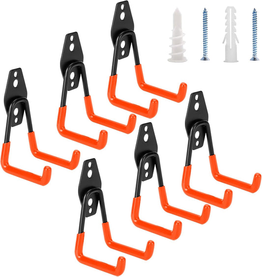 6 Pack Garage Hooks Heavy Duty - Supports 100 lbs, Utility Steel Garage Hanger & Organizer for Organizing Garden Lawn Tools, Ladders, Garden Hose, Digging Shovel, Bikes, Ropes (Orange)