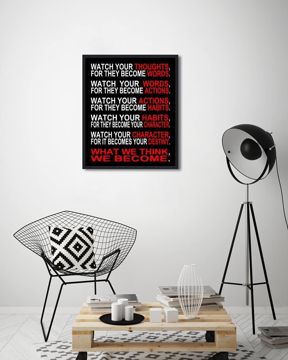 Pyradecor Black Framed Canvas Wall Art Watch Your Thoughts Motivational Classroom Poster Canvas Prints for Office Living Room Home Decorations