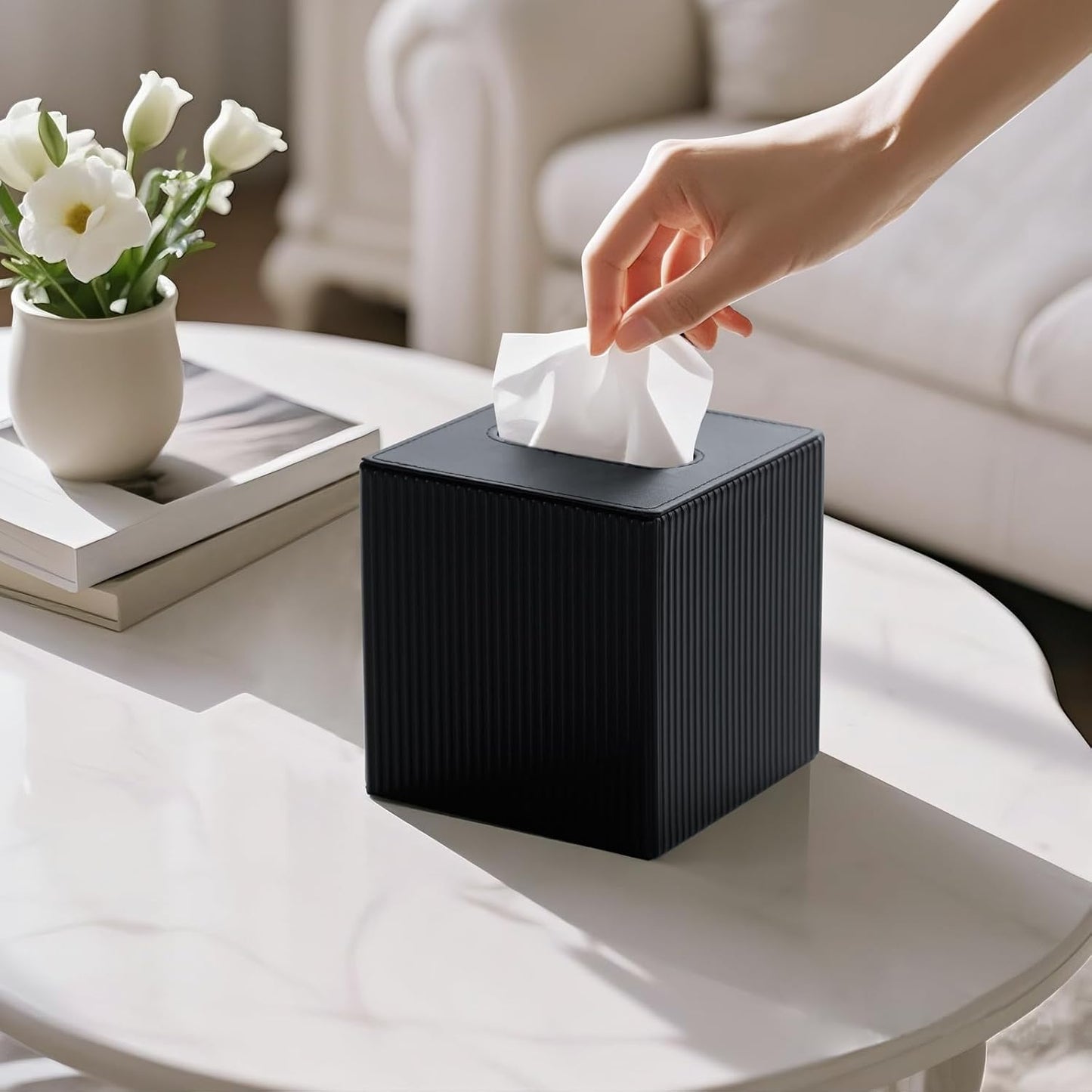 Mkono Tissue Box Cover PU Leather Square Tissue Box Holder with Bottom, Decorative Facial Cube Organizer for Bedroom Bathroom Dresser Vanity Countertop Night Stands Home Office Desk (Black)