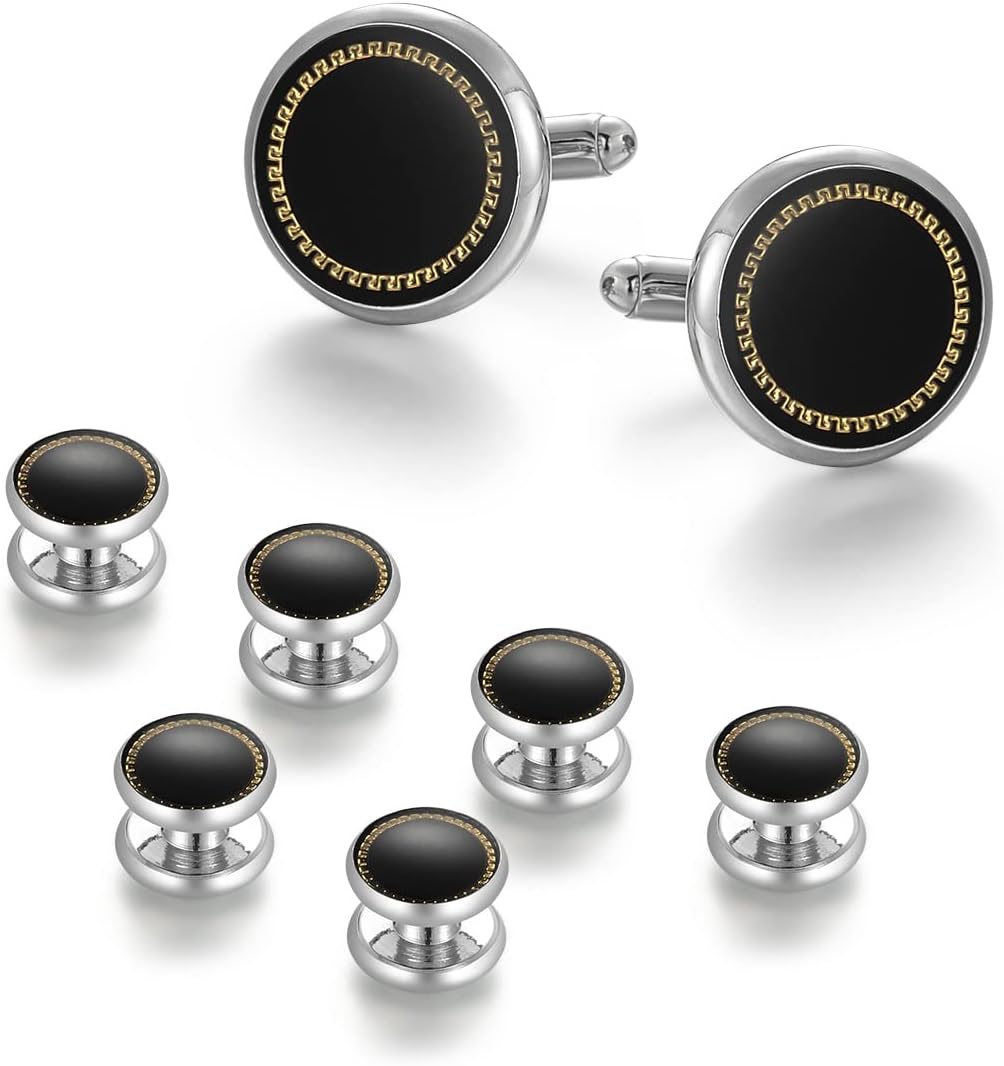 wynameleri Mens Cufflinks and Studs Set Blanks Round 4 Colors Shirt Tuxedo Buttons Packed in Cufflink Box for Business Wedding Jewelry