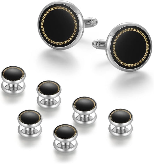 wynameleri Mens Cufflinks and Studs Set Blanks Round 4 Colors Shirt Tuxedo Buttons Packed in Cufflink Box for Business Wedding Jewelry