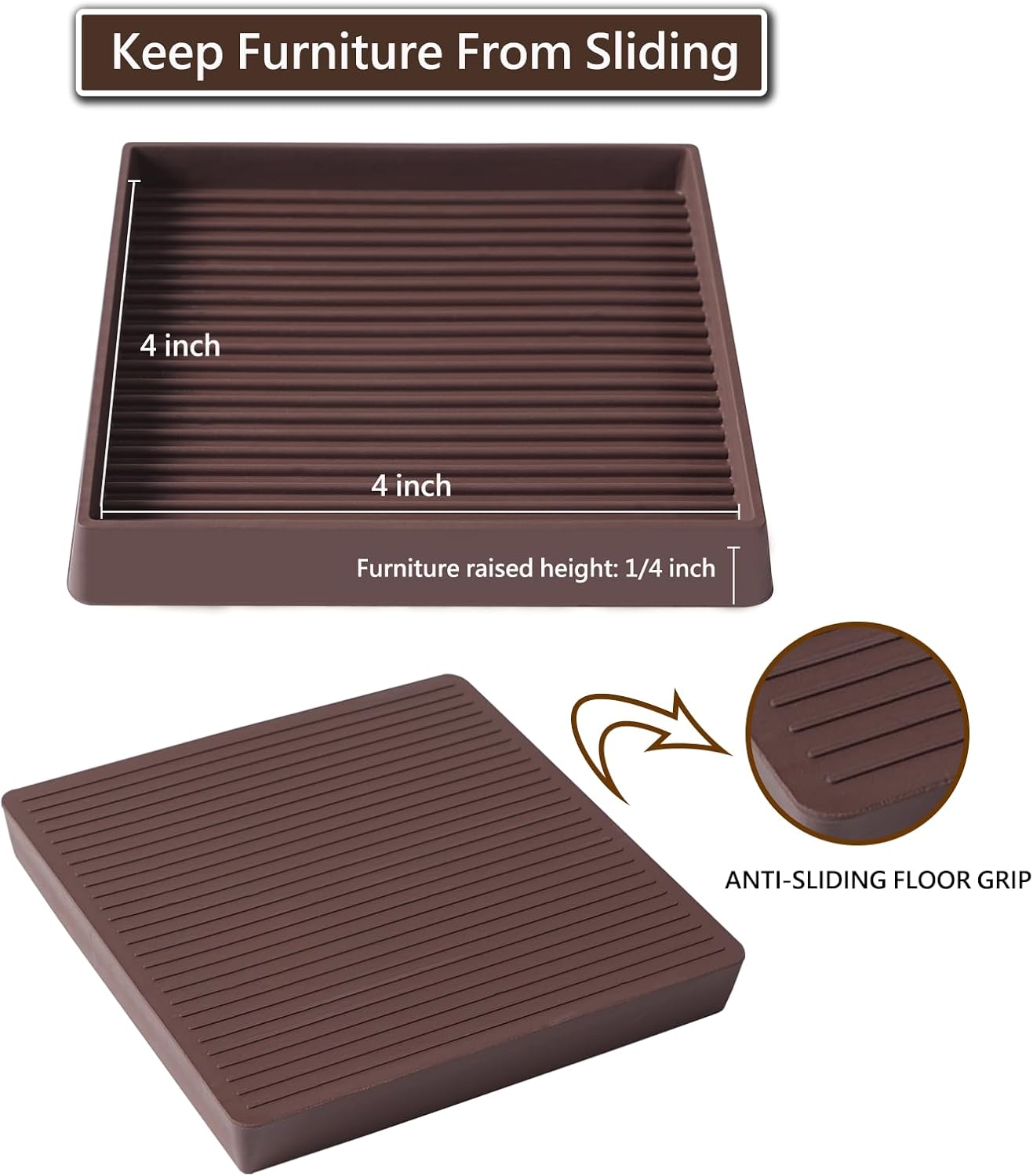 4x4 Square Rubber Furniture Caster Cups, Anti-Sliding Furniture Pads Bed Stopper Floor Protectors with Grip - Protect Any Flooring