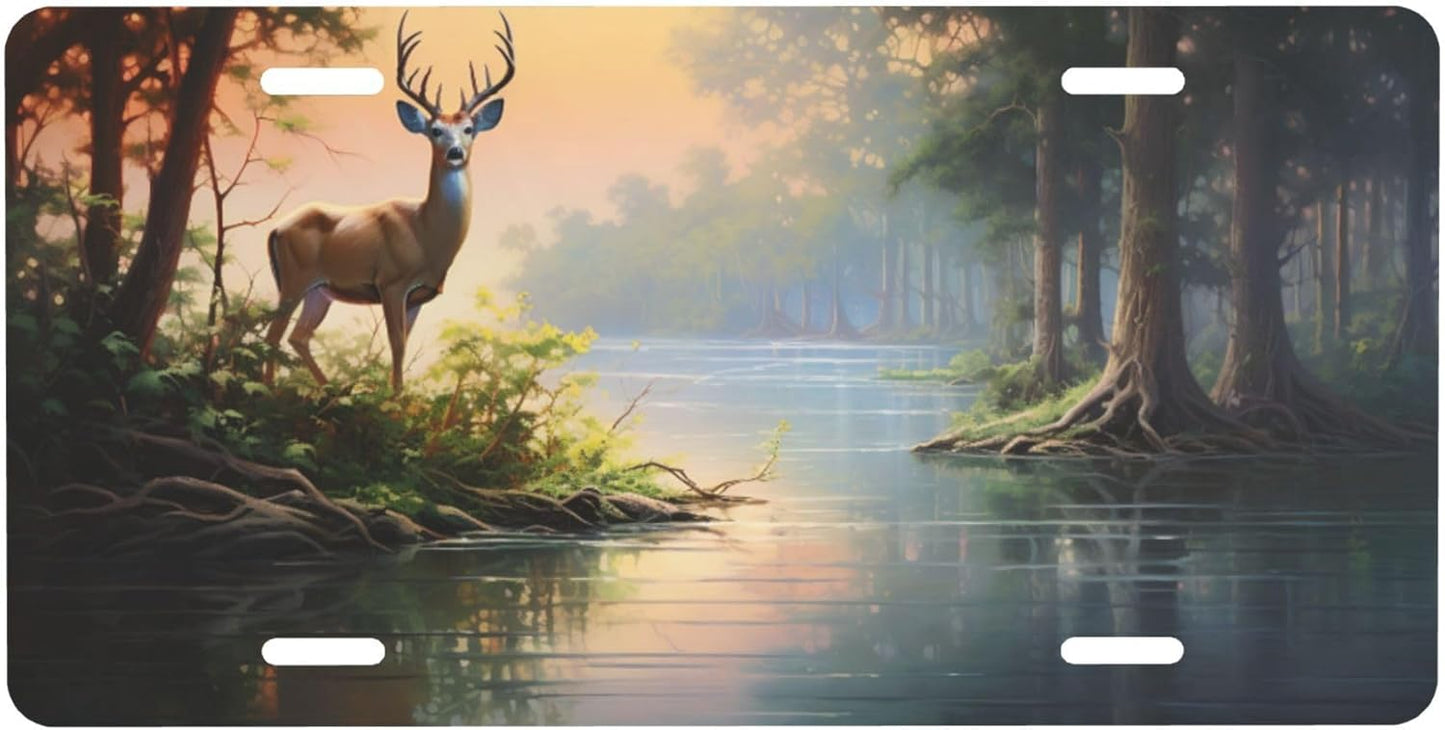 Front License Plate for Car Designs Lake Animal Deer Forest Stainless License Plate Cover Holder for Men Women Metal Aluminum Decorative Accessory Vanity Tag Standard 6 X 12 Inch (4 Holes)