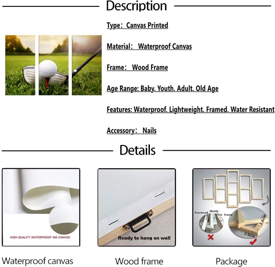 chenchenArt Golf Wall Art Pictures Golf Wall Decor for Living Room Bedroom Home Decorations Golf Artwork Canvas Prints Framed Ready to Hang(12''W x 24''H x3)