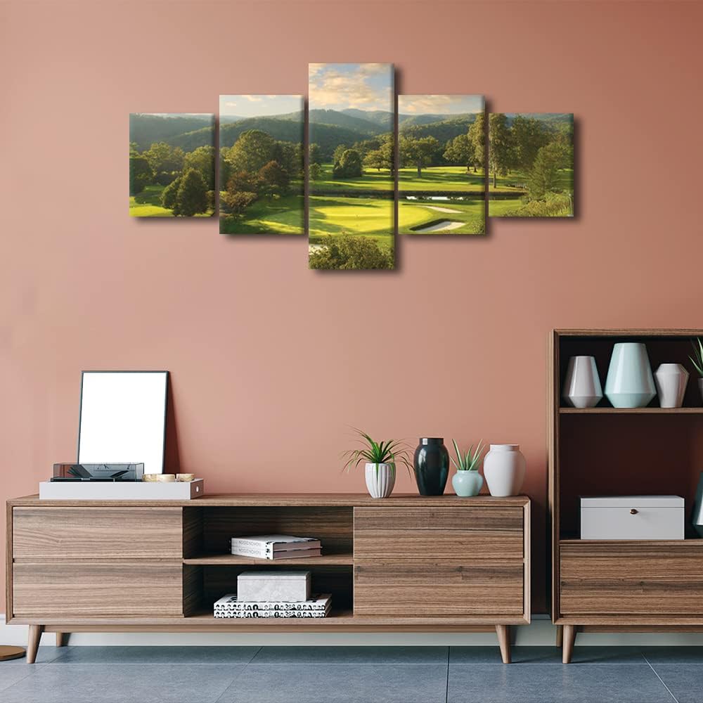 Greenbrier Old White Golf Course Wall Art West Virginia United States Golf Course Field Photos 5 Panels Canvas Prints American Home Decor for Living Room Painting Framed Ready to Hang - 50"W x 24"H