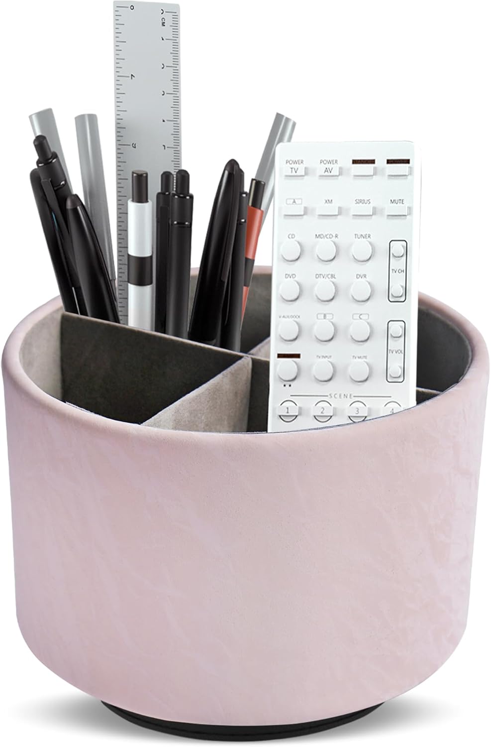Hennaja Round Leather Art Supply Organizer,Remote Control Holder,360 Degree Spinning,Multi-Functional Pencil Holder,4 Compartments Desktop Stationary Organizer(1-Hill Pink)