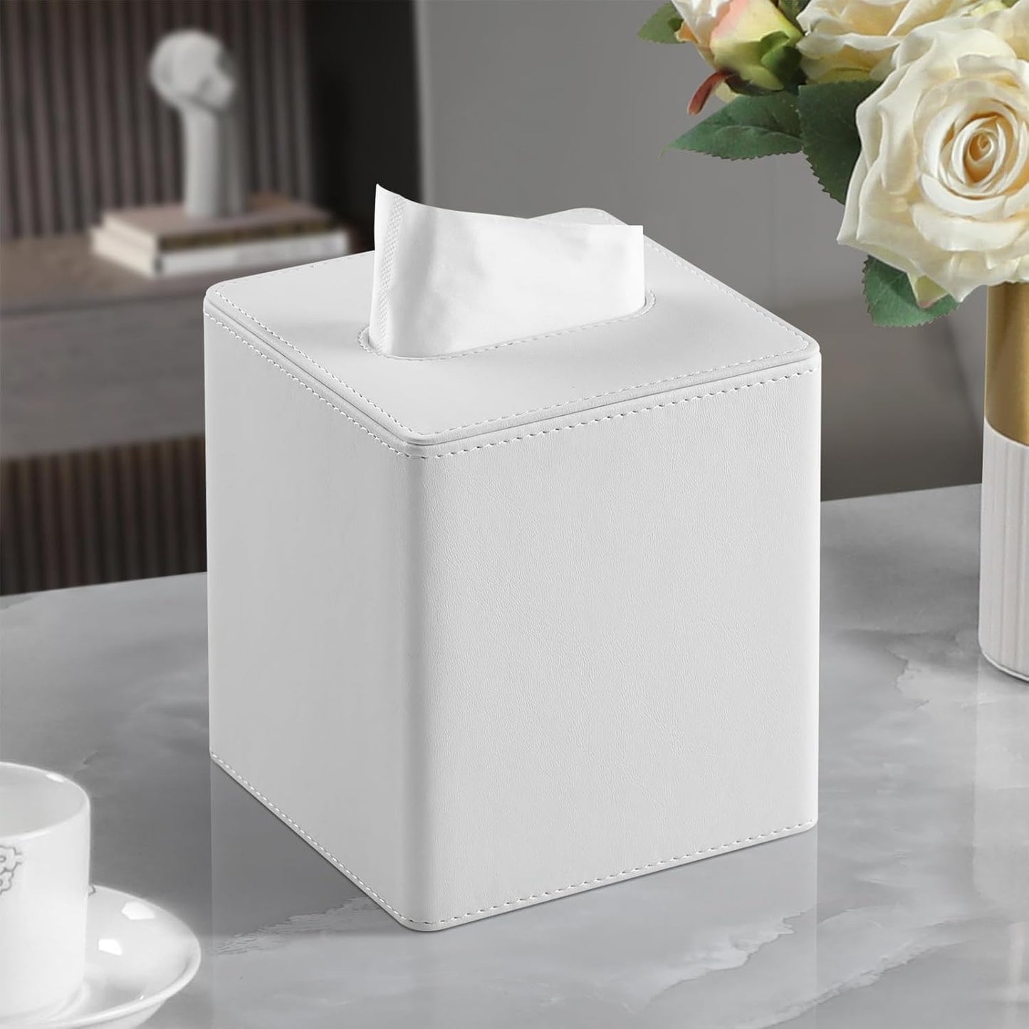 PU Leather Tissue Box Cover Square Tissue Box Holder with Magnetic Closure (White)