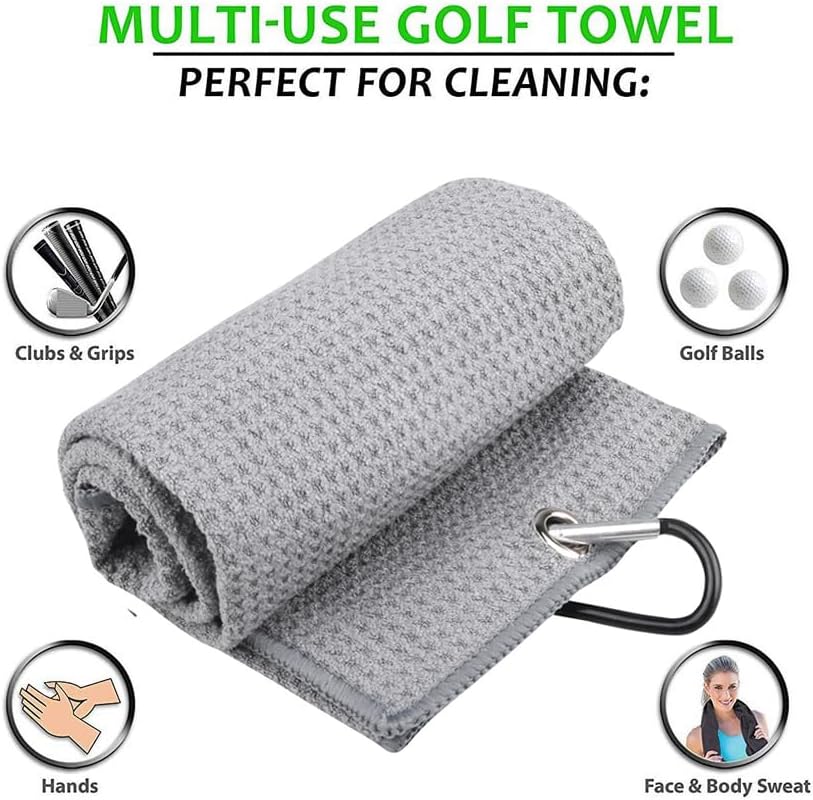 Golf Towels, Golf Towel and Brush Set, with Microfiber Waffle Design Golf Towel 16" X 24" with Hook and Loop Fastenerl and Retractable Zip-line Golf Club Brush (Grey)