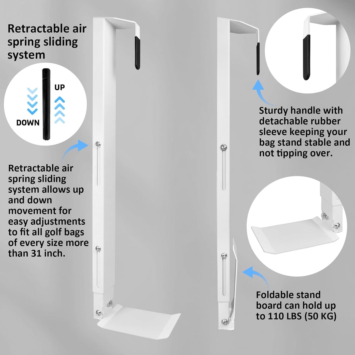 Wall Mount Golf Bag Storage Stand Organizer Rack for Garage, Air Spring Sliding System Single Golf Bag Holder for Wall, Golf Storage Organizer for Golfing Clubs, Home, Basement
