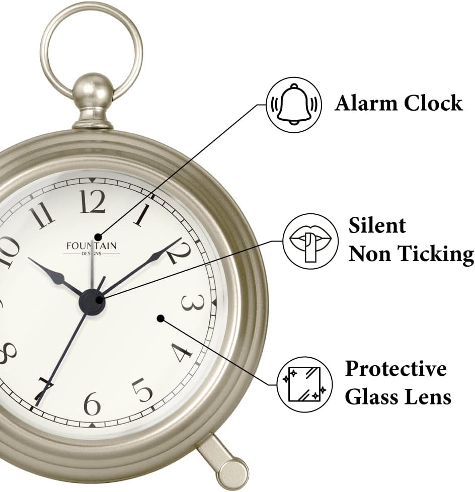 Jensen Pocket Watch Analog Alarm Clock for Bedroom,Silent Non Ticking, Wall & Mantel 2 in 1 Clock, Desk & Shelf Clock, Morning Silver Color Finish, 5.4"(H) x 4.5"(W)