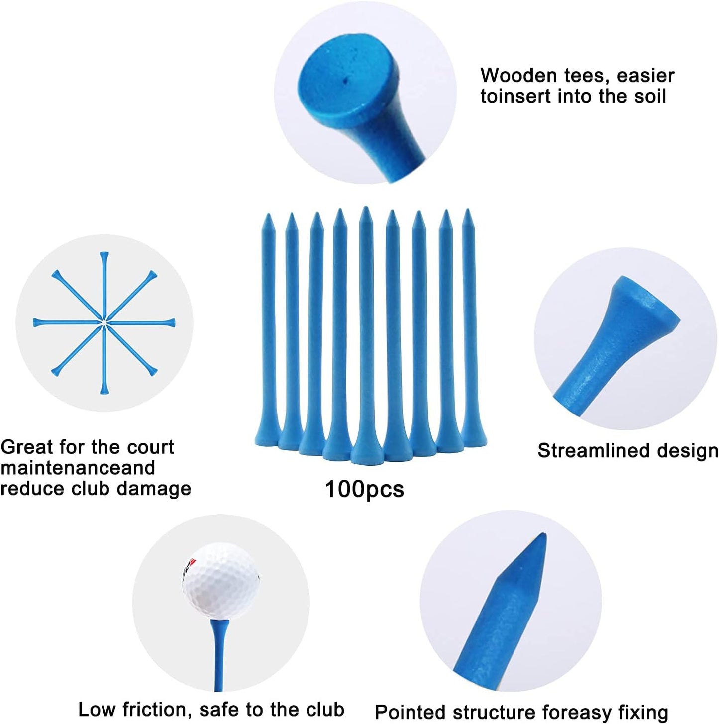 Golf Tees Durable Bamboo Tees 100Pcs 100Pcs 3-1/4" Friendly Biodegradable Material Reduce Friction Side Spin More Stable