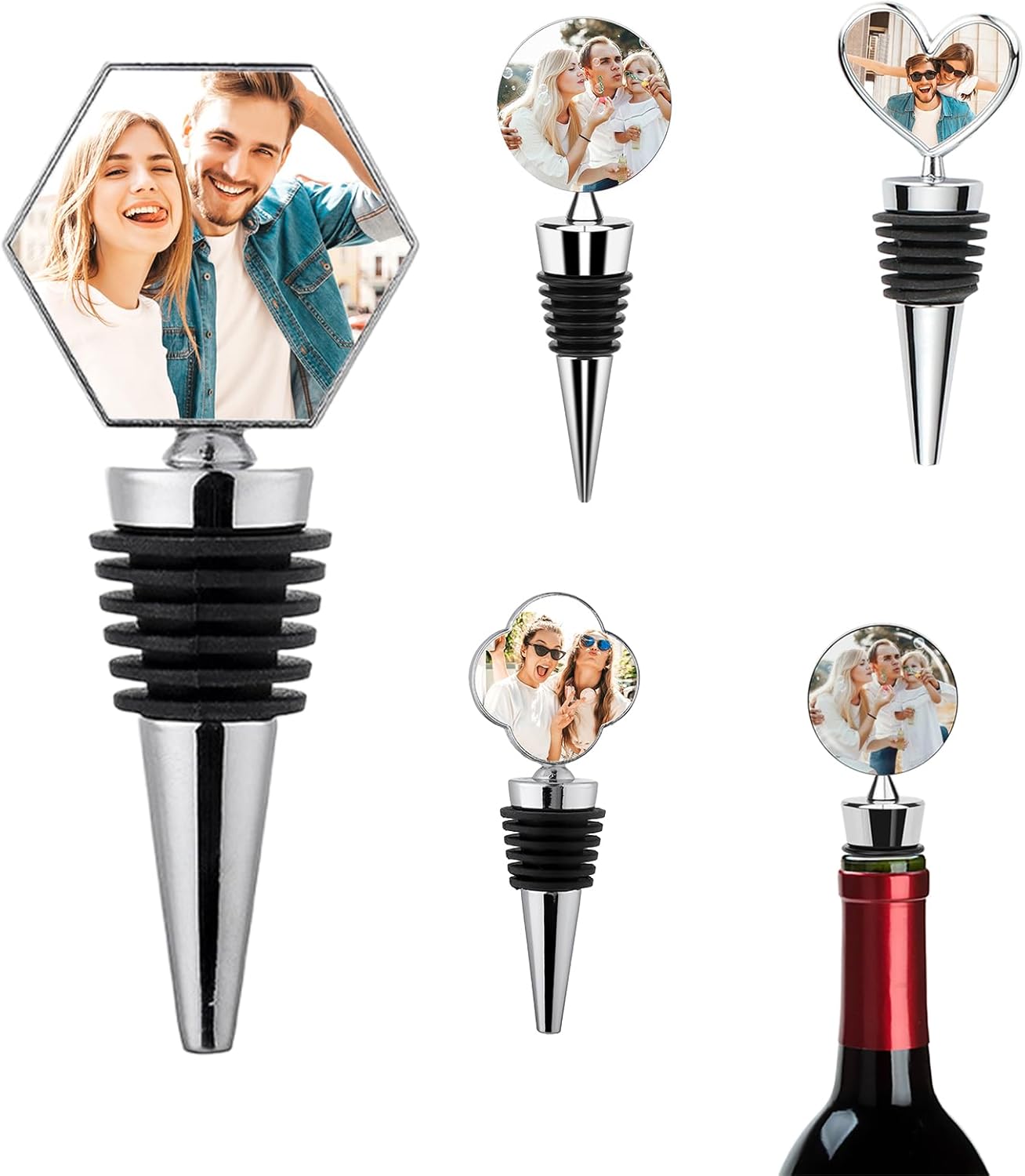 Personalized Wine Stopper Custom Wine Bottle Stopper with Your Photo Metal Wine Food Grade Silicone Stopper for Family, Wedding, Holiday Party