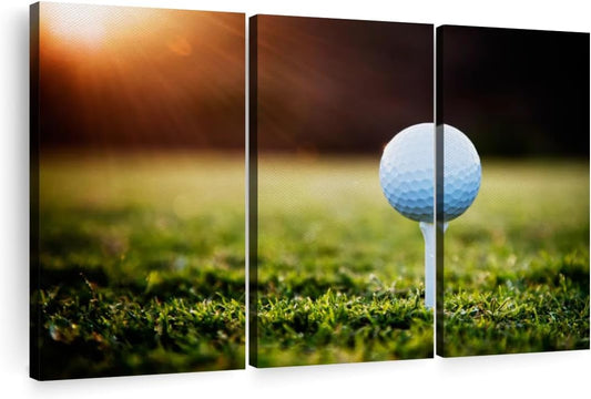 ElephantStock Golf Ball Tee Wall Art - Horizontal Canvas - 3-Piece Living Room Wall Decor - Photography Photographic Canvas Print - Black and White Decor for Wall - 65" X 42"