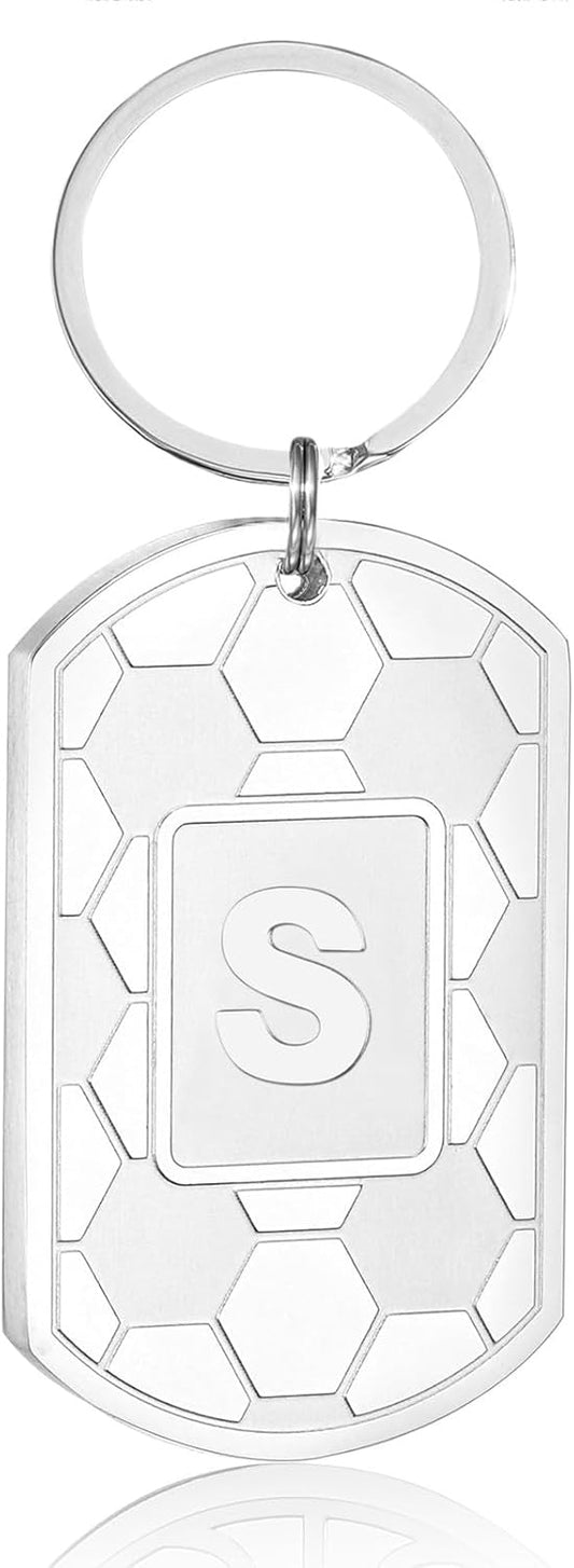 Initial Keychain Gifts for Men,Soccer Dog Tag Mens Keychains for Men Him Dad