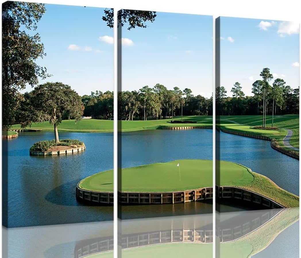 USA Florida Golf Course Canvas Wall Art for Office TPC Sawgrass Golf Course Pictures Posters Wall Decor for Living Room Bedroom Bathroom Home Decorations Framed Ready to Hang(14''W x 28''H x3)