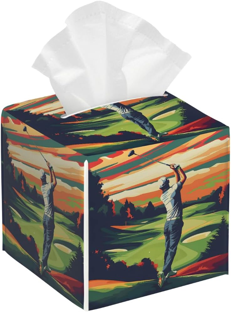 Square Leather Tissue Box Cover, Waterproof Napkin Dispenser with Golf Ball Golf Lover Print, Tissue Holder for Bathroom, Living Room, Bedroom, Office, and Car Decor