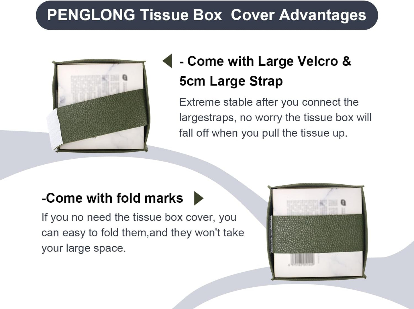 Tissue Box Cover 5X5X5'' PU Leather Tissue Holder Square Tissue Cube Box Organizer for Bathroom Vanity Countertop, Car, Night Stands, Office, Home, Kitchen (1Pack, Dark Green)