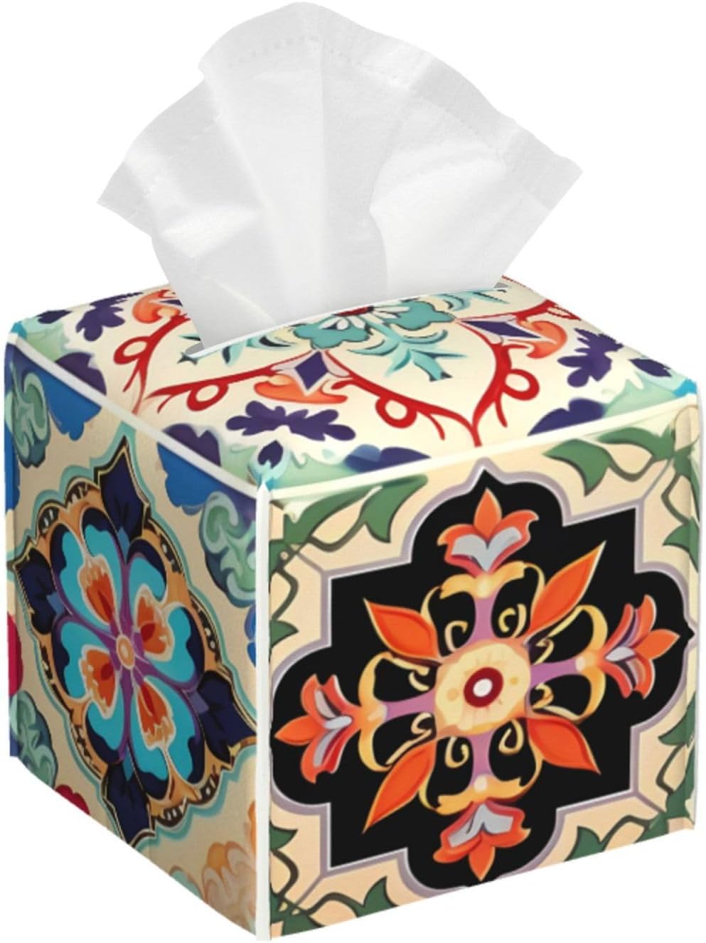 Tissue Box Cover Colorful Boho Ceramic Tile Square PU Leather Tissue Box Holder for Car Bathroom Bedroom Desk Tabletop Decor