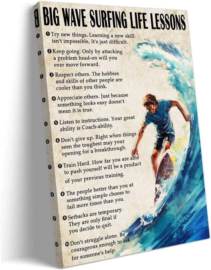 Strofupp Surfing Poster Framed Motivational Quotes Prints Vintage Surf Wall Art Life Lessons Pictures Canvas Artwork 12x18 inches
