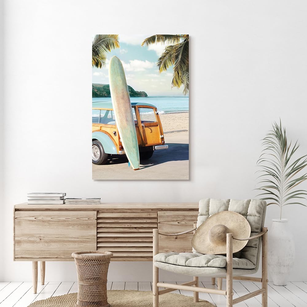 coastal wall art surfboard pictures: beach car wall decor seaside artwork surfing ocean print in beach canvas painting for living room 45" x 30"