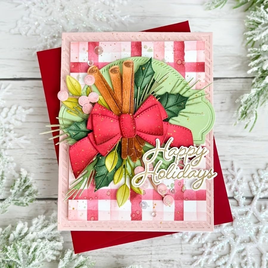 Flowers Metal Cutting Die for Scrapbooking - Cut Stencils for DIY Scrapbook Photo Album Decorative Paper Card, Card Making Supplies, Stencils & Crafting Die Cut (Green Leaves and Bow 7.1 x 4.1 in)