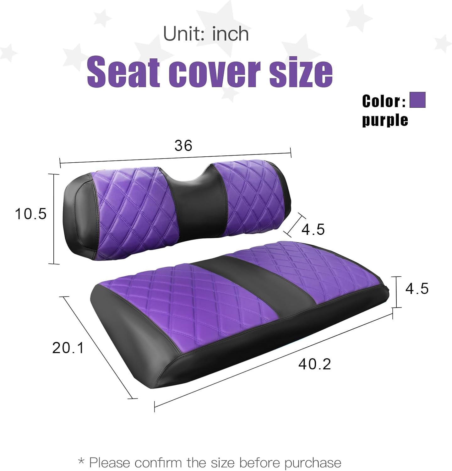 NOKINS Golf Cart Diamond Seat Covers Kit, Fit for EZGO TXT 1994-2013/EZGO RXV OEM Standard Front Seat Cushion, Golf Cart Vinyl Seat Cover, No Nails Required (Purple and Black)