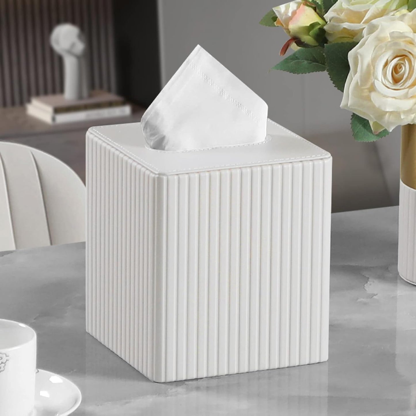 PU Leather Tissue Box Cover Square Tissue Box Holder with Magnetic Closure (Ivory Stripe)