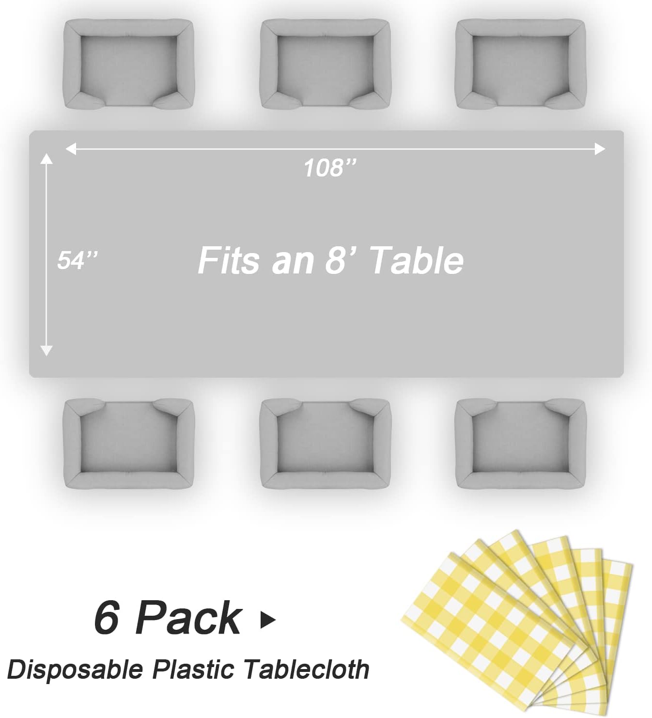 QIKSION Yellow Gingham Tablecloth Disposable 6 Pack, 54 x 108 Inch Yellow and White Checkered Table Cloth for Rectangle Tables, Plastic Table Cover