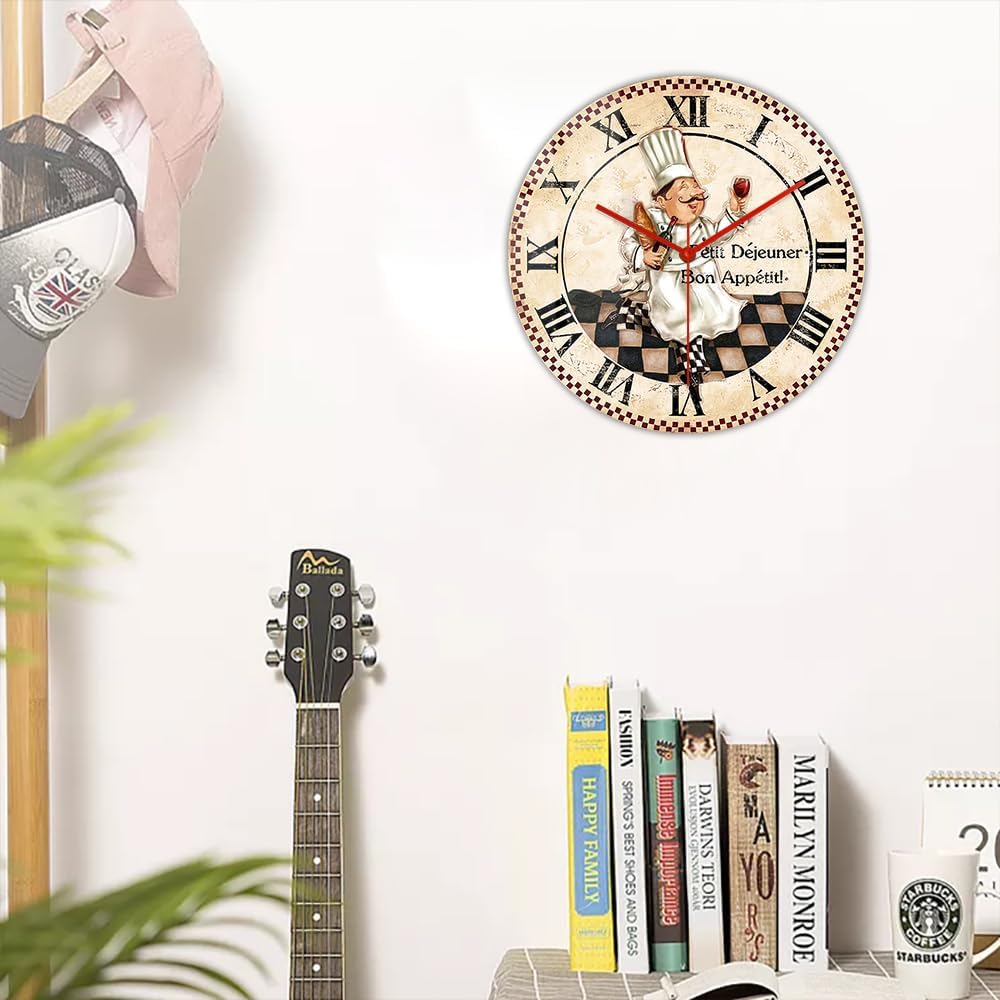 12 Inch Kitchen Wall Clock Roman Numerals, Vintage Decorative Wall Watch Clock Silent Quartz Non Ticking Battery Operated Round Wall Art Clock for Restaurant Dining Room Farmhouse Chef Gift