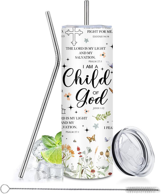 Christian Gifts - 20oz Child of God Insulated Stainless Steel Travel Water Tumbler with Straw Lid, Leakproof, for Girl, Sister, Friends - Inspirational Baptism Confirmation Catholic Birthday Gifts Cup