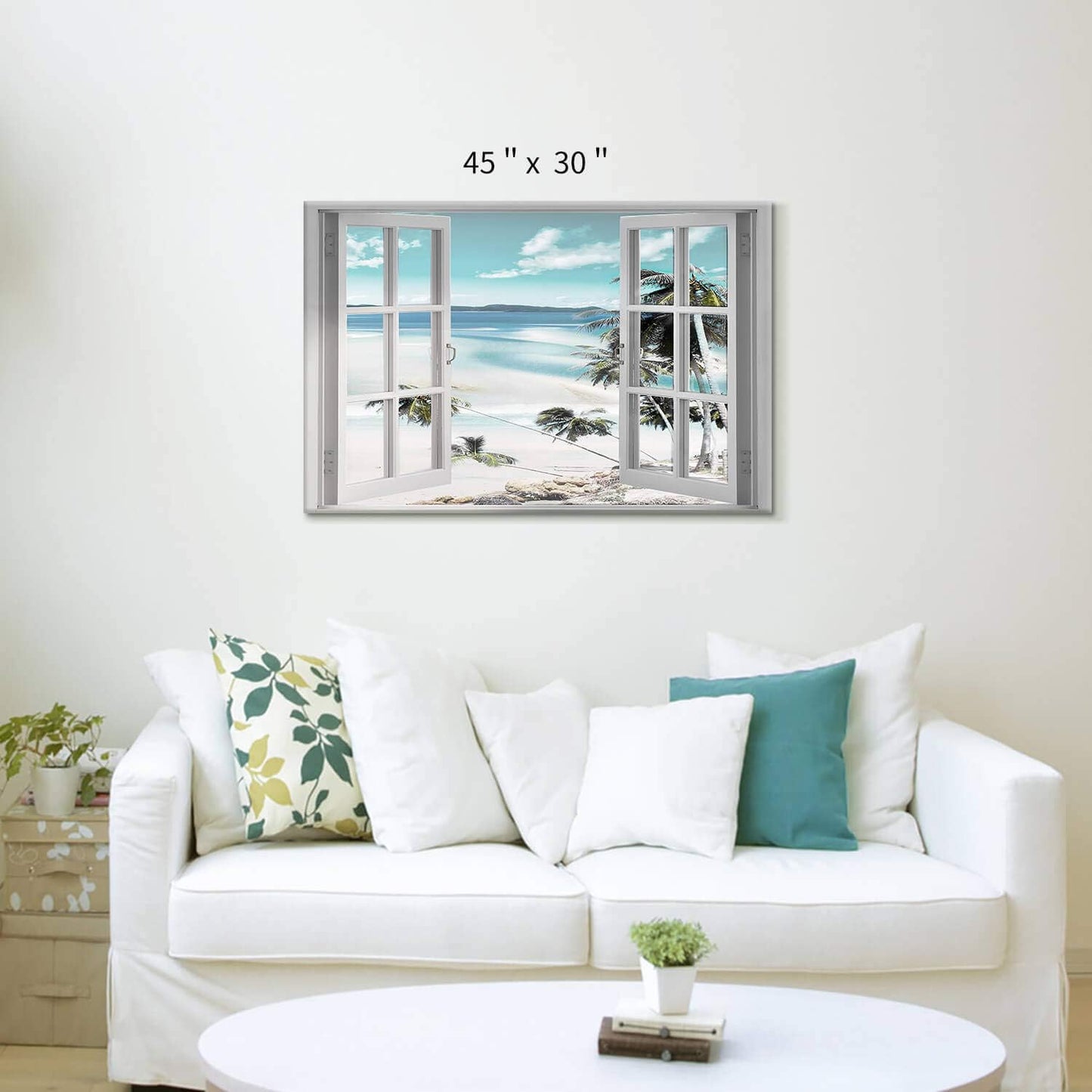 Canvas Windows Picture Wall Art: Beach with Light Blue Coastal Palm Graphic Artwork Print on Canvas Artwork for Living Room (45” x 30” x 1 Panel)