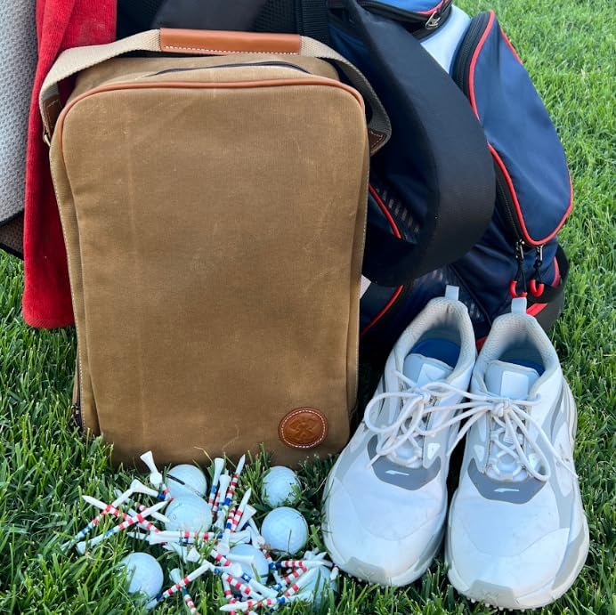 Lumberjack Plaid Golf Shoe Bag - Canvas and Leather, Large Travel Organizer for Men and Women, Breathable Sneaker Carrier