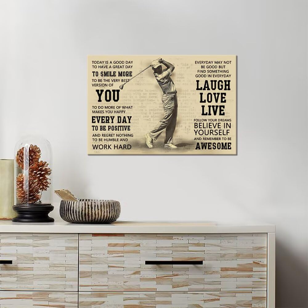 Vintage Golf Poster Inspirational Quotes Wall Decor Today is a Good Day Motivational Pictures Canvas Print Golf Artwork Painting for Boys Room Home Decorations Framed Ready to Hang (12 x 16 inch)
