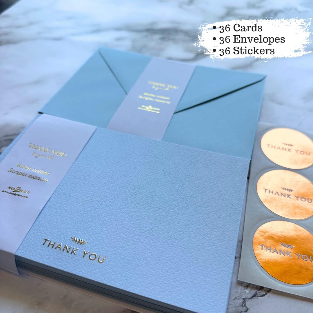 RUN2PRINT Thank You Cards with Envelopes & Gold Foil Stickers – 36‑Pack Flat Dusty Blue Cards (4″×6″) – Embossed Italian Textured Thick Paper – For Weddings, Business & Every Occasion (Carolina Blue, Pack of 36)
