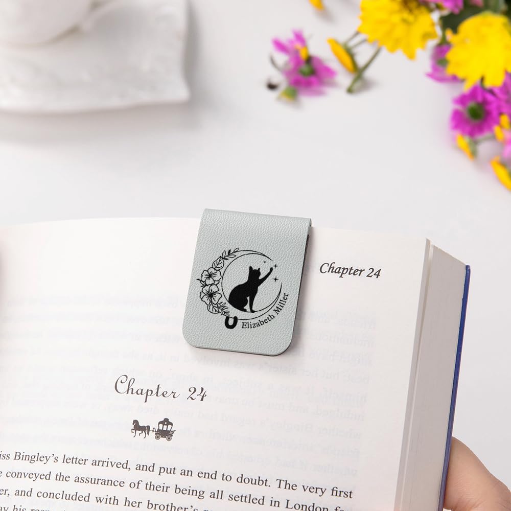 CALLIE Personalized Magnetic Bookmark Clip – Custom Name Reading Gifts for Book Lovers, Birthday Teacher's Day Christmas for Bookworm Gifts (Cat Moon Birth Flower)