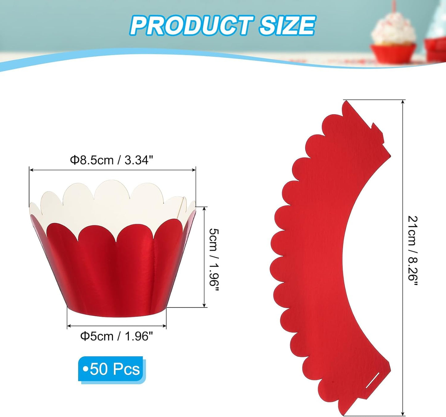 PATIKIL Cupcake Wrappers Paper, 50 Pack Baking Cups Standard Wave Decoration for Anniversary Birthday Weddings and Parties, Reflective Red