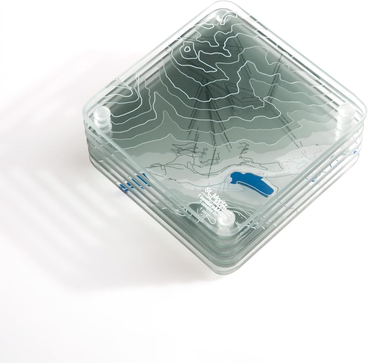 St. Moritz, Swiss 3D Contour Map Glass Drink Coasters of Mountains, Ski Resort, Set of 6 with Holder, Housewarming Birthday Gifts, Home Decor