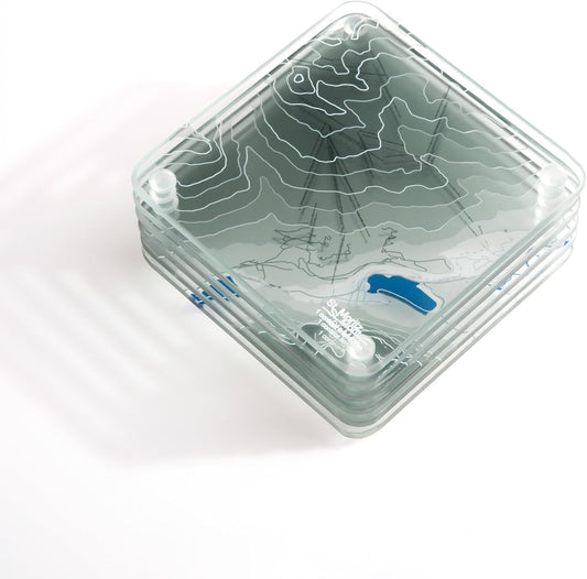 St. Moritz, Swiss 3D Contour Map Glass Drink Coasters of Mountains, Ski Resort, Set of 6 with Holder, Housewarming Birthday Gifts, Home Decor