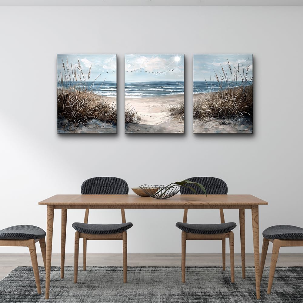 TTHYUEWS Wall Art For Living Room Wall Decor For Bedroom Modern Office Pictures Blue Sea Beach Posters Canvas Painting Wall Art Bathroom Seascape Prints Artwork Canvas Art Framed Ready to Hang 3pcs