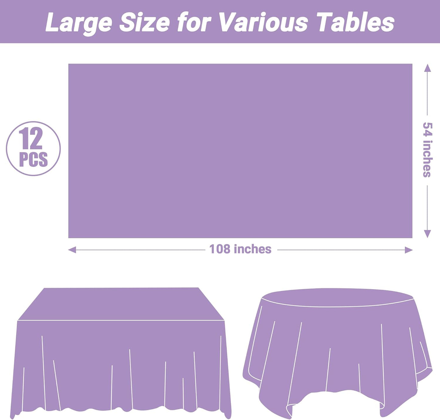 QZYL 12 PCS Lavender Plastic Tablecloths, 54 in x 108 in Dinner Table Cloths, Rectangle Table Cover for Birthday Party Family Gathering Wedding