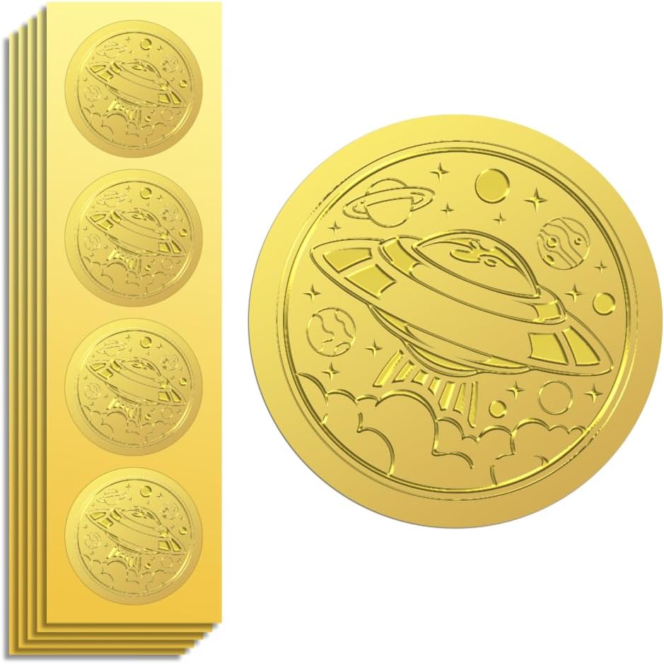 Peacoblue Gold Foil Stickers Seals Embossed 2 Inch 100Pcs UFO, Self Adhesive Gold Around Embossing Sticker for Certificate Paper Envelope Seal Gift Card Present Decoration