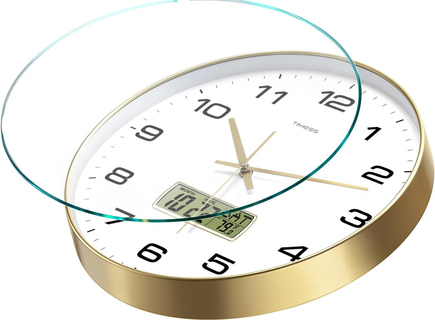 Wall Clock, 10" Dial Non-Ticking Silent Battery Operated Analog with LCD Display for Perpetual Calendar and F° Temperature, Ideal Modern Home, Bedroom, Kitchen, Office Decor (Gold)