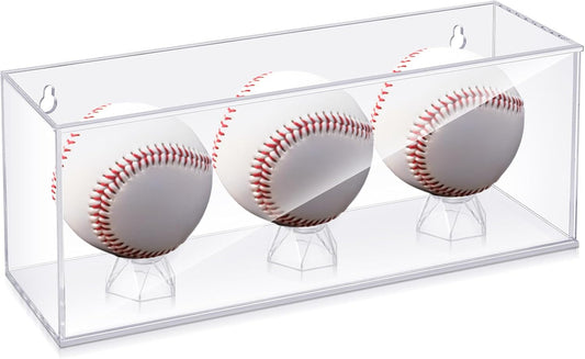 Baseball Golf Ball Display Case for 3 Balls UV Protected Acrylic Boxes for Display Ball Cube Memorabilia Showcase Autograph (Clear, 11.4 x 4.3 x 3.15 Inch)