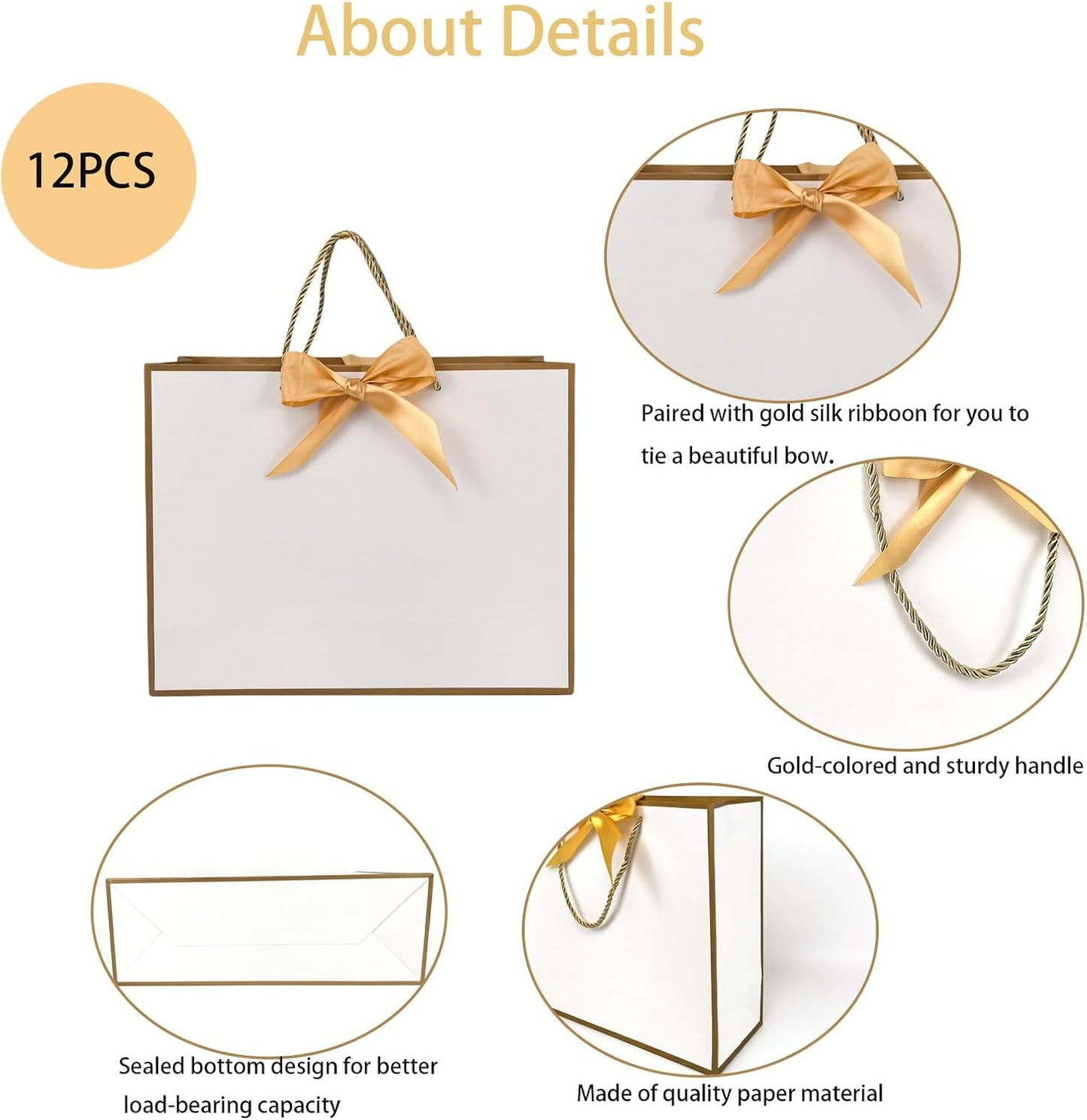 TKSBAG 12PCS Gift Bags Medium Size with Handles, 12.5 x 9.8 x 4.3 In White Gold Thank You Bags with Bow Ribbon for Wedding, Birthday, bridesmaid, Groomsmen, Party Favors, Thanksgiving, Christmas