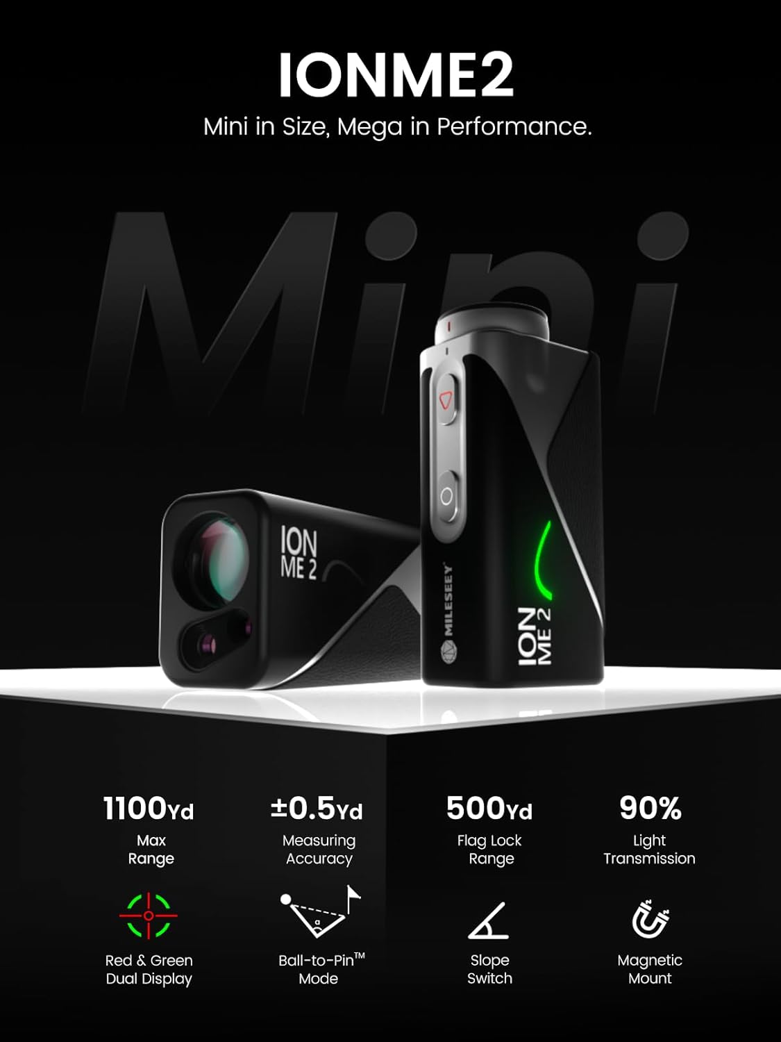 MILESEEY IONME2 Golf Rangefinder with Slope -1100 Yards Laser Range Finder Golf with Red & Green Display, 0.1s Flag Pole Locking Vibration with Ball to Pin Mode, 6X Magnification Magnetic Rechargeable
