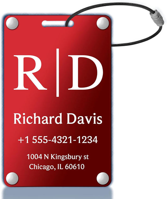 Personalized Luggage Tags for Suitcases - Monogram Style Aluminum Custom Luggage Tags for Backpacks & Bags, Sturdy, Waterproof & Heavy Duty (Red/Card-Sized)