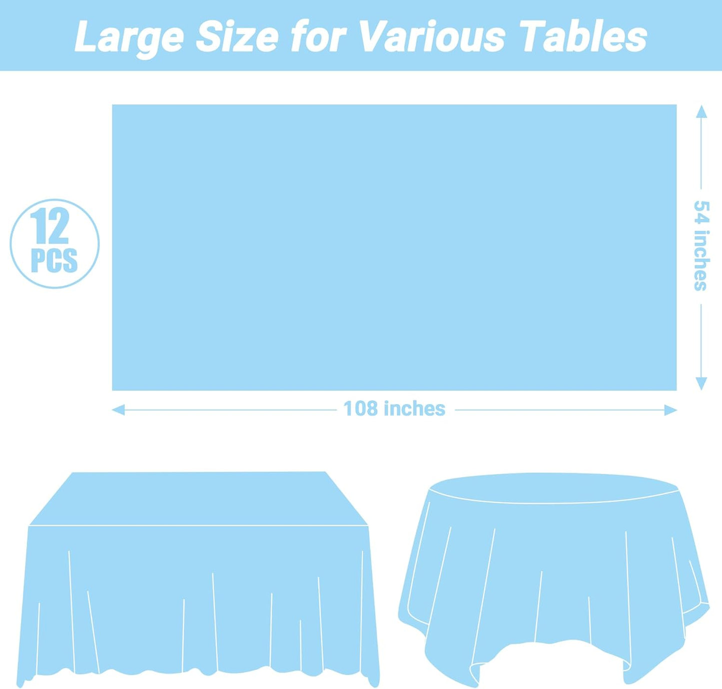 QZYL 12 PCS SkyBlue Plastic Tablecloths, 54 in x 108 in Dinner Table Cloths, Rectangle Table Cover for Birthday Party Family Gathering Wedding